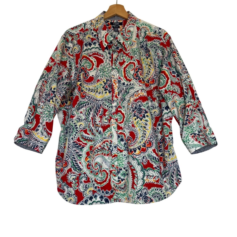 Chaps No Iron Paisley Button Down Shirt 3X Womens Red Blue Cotton 3/4 Sleeve